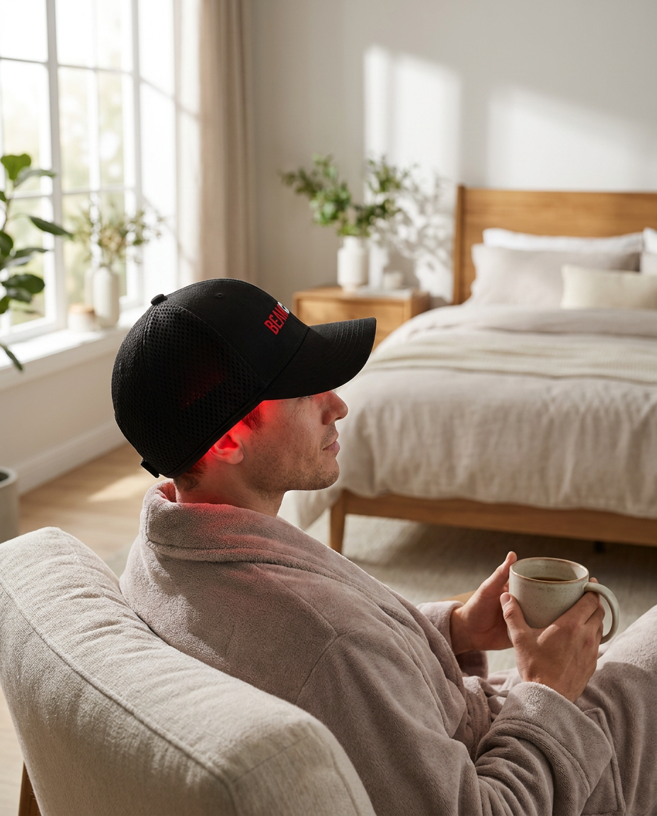 BeamCaps Pro lifestyle shot, morning scalp care routine